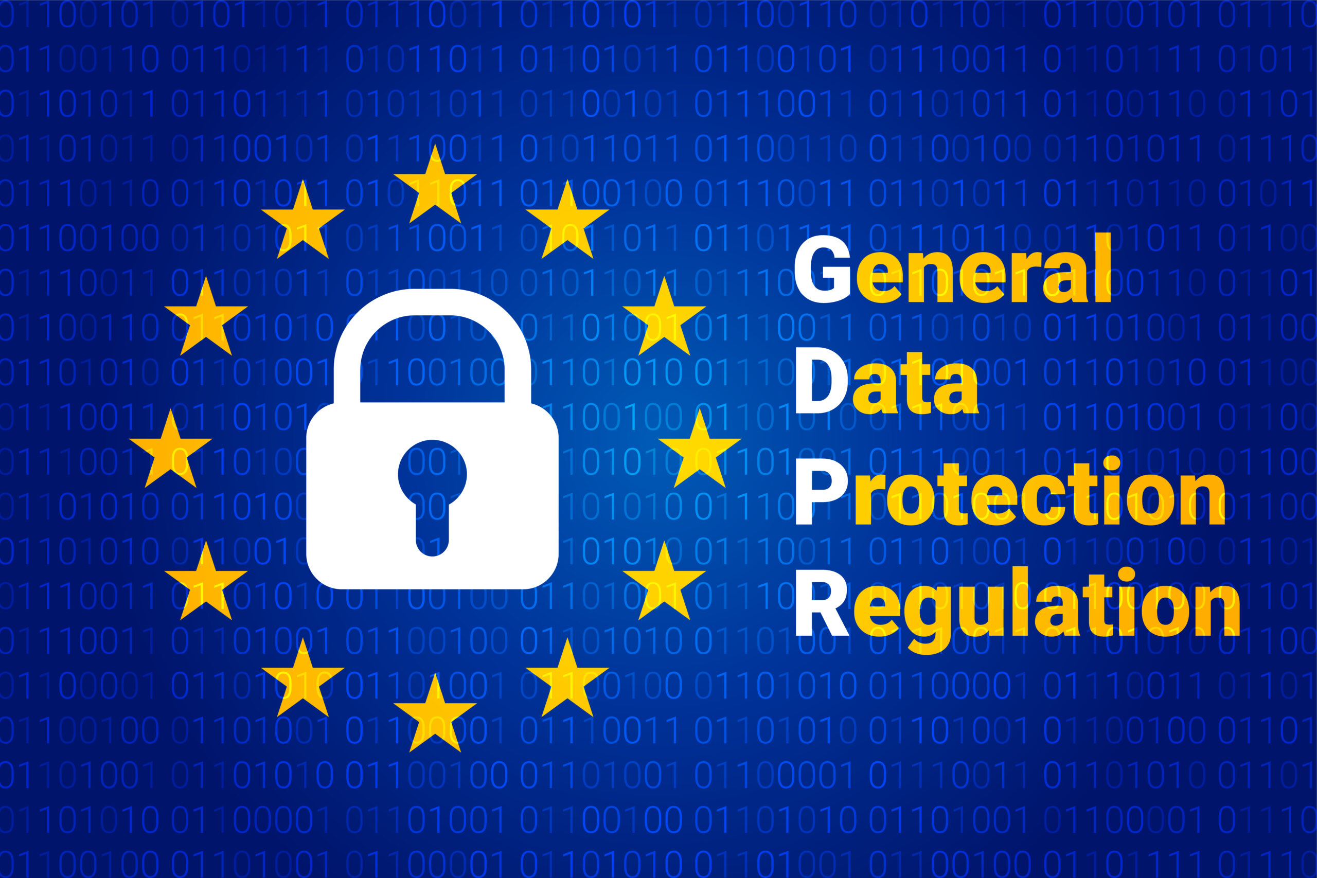 GDPR banner with EU colours and stars and a padlock in the middle