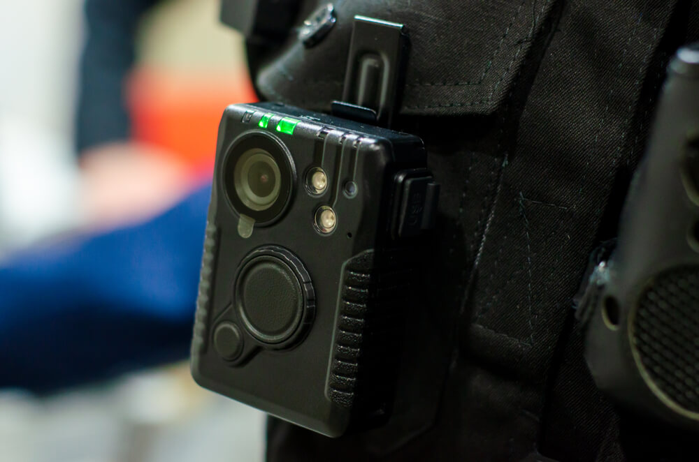 close-up image of a police body camera on a police officer