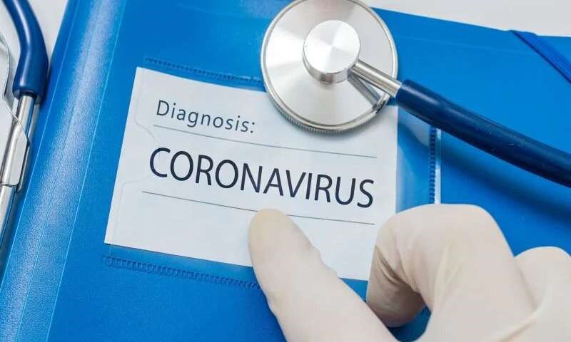 Blue doctor's notebook with coronavirus patient data marked with the label "Diagnosis: Coronavirus"