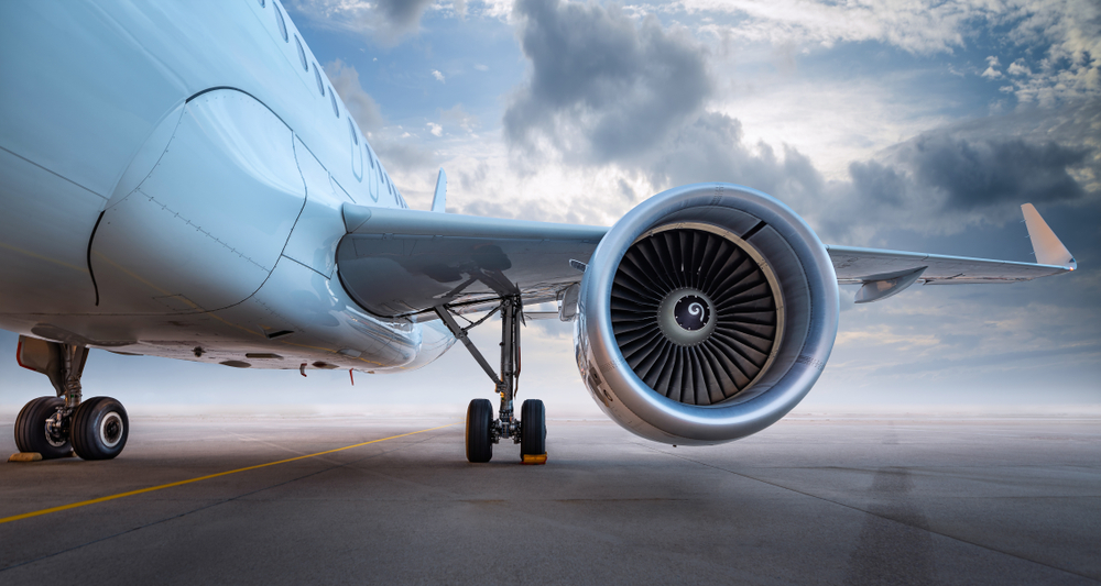 Closeup of airplane turbine on a runway