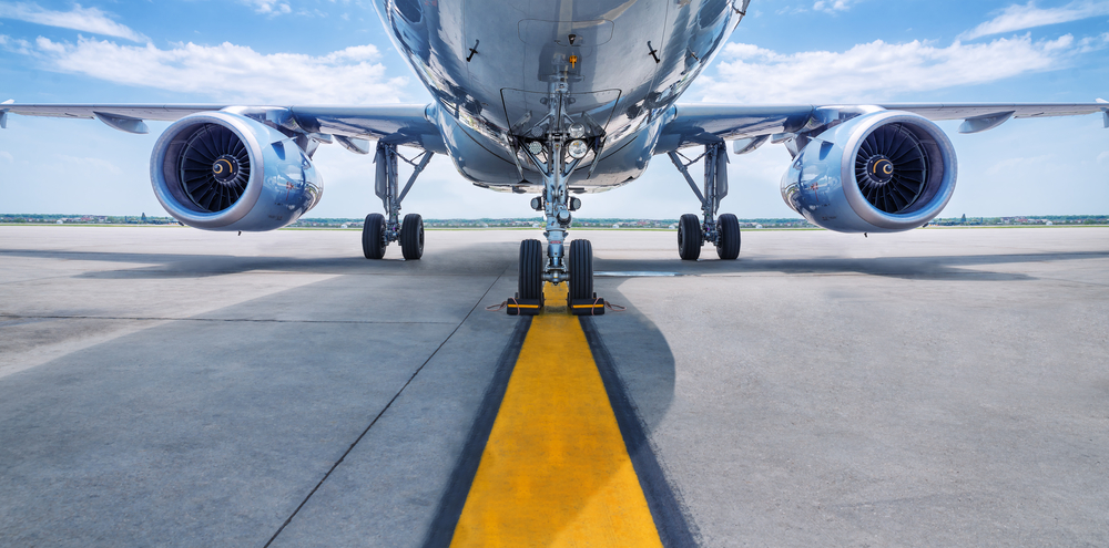 Close-up of an airplane on a runway
