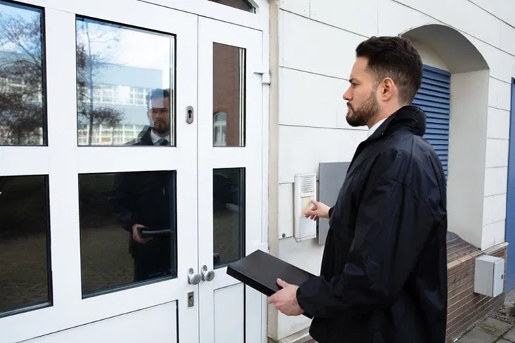 Bailiff in black jacket in front of person's home