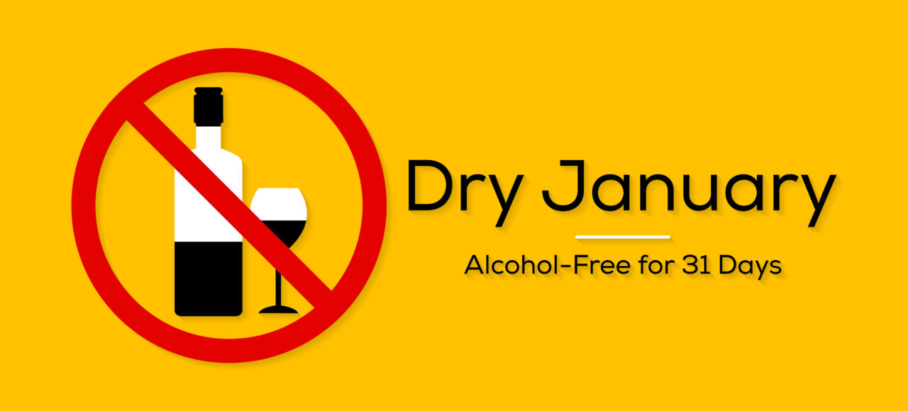 Photograph of yellow dry January banner with icon of alcohol crossed out with red circle