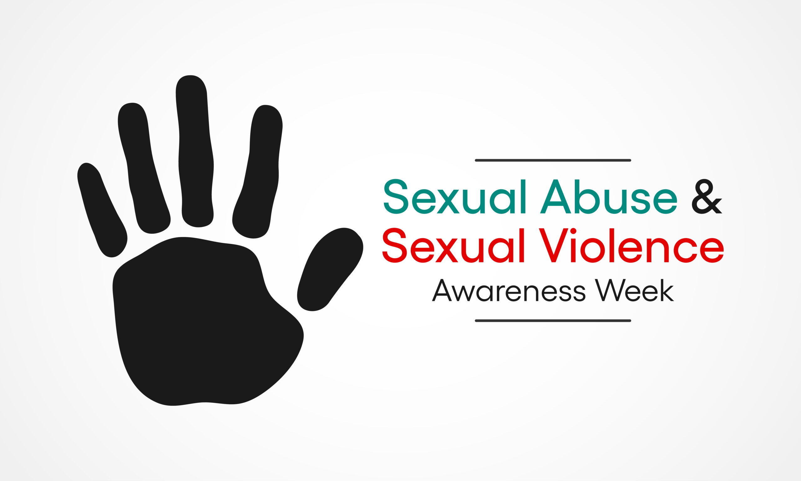 Sexual abuse and sexual violence awareness week on a white background with black hand print