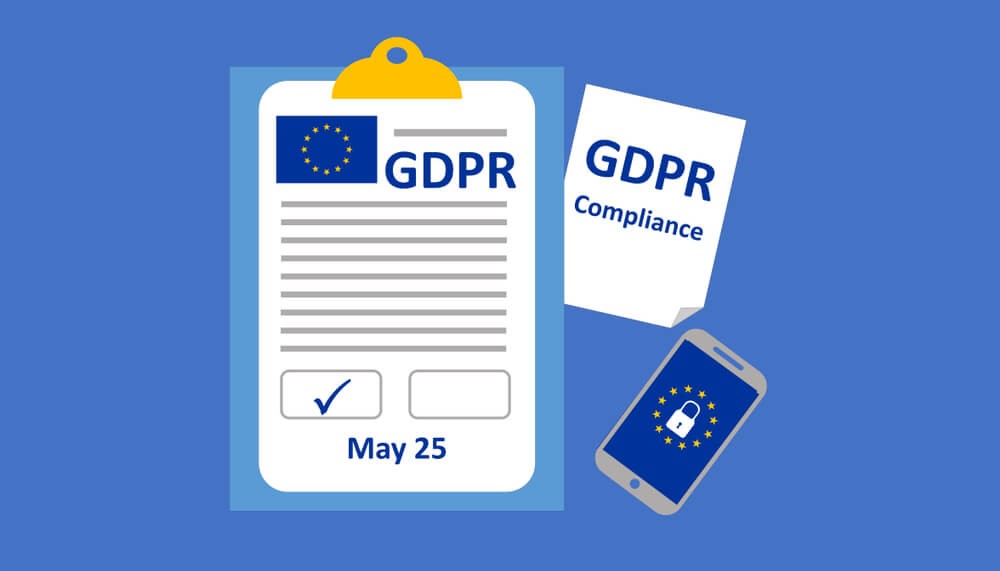 A blue background with images of a clipboard with a form on titled 'GDPR' next to a picture of the EU flag with May 25 at the bottom of the page, next to the clipboard is a white piece of paper titled 'GDPR compliance' and a mobile phone with the EU symbol and a padlock on the screen