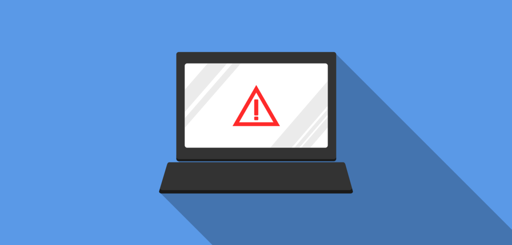 Graphic of a compter with a red warning symbol on the screen aginsta blue background