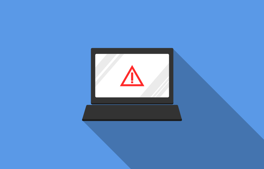 Graphic of a compter with a red warning symbol on the screen aginsta blue background