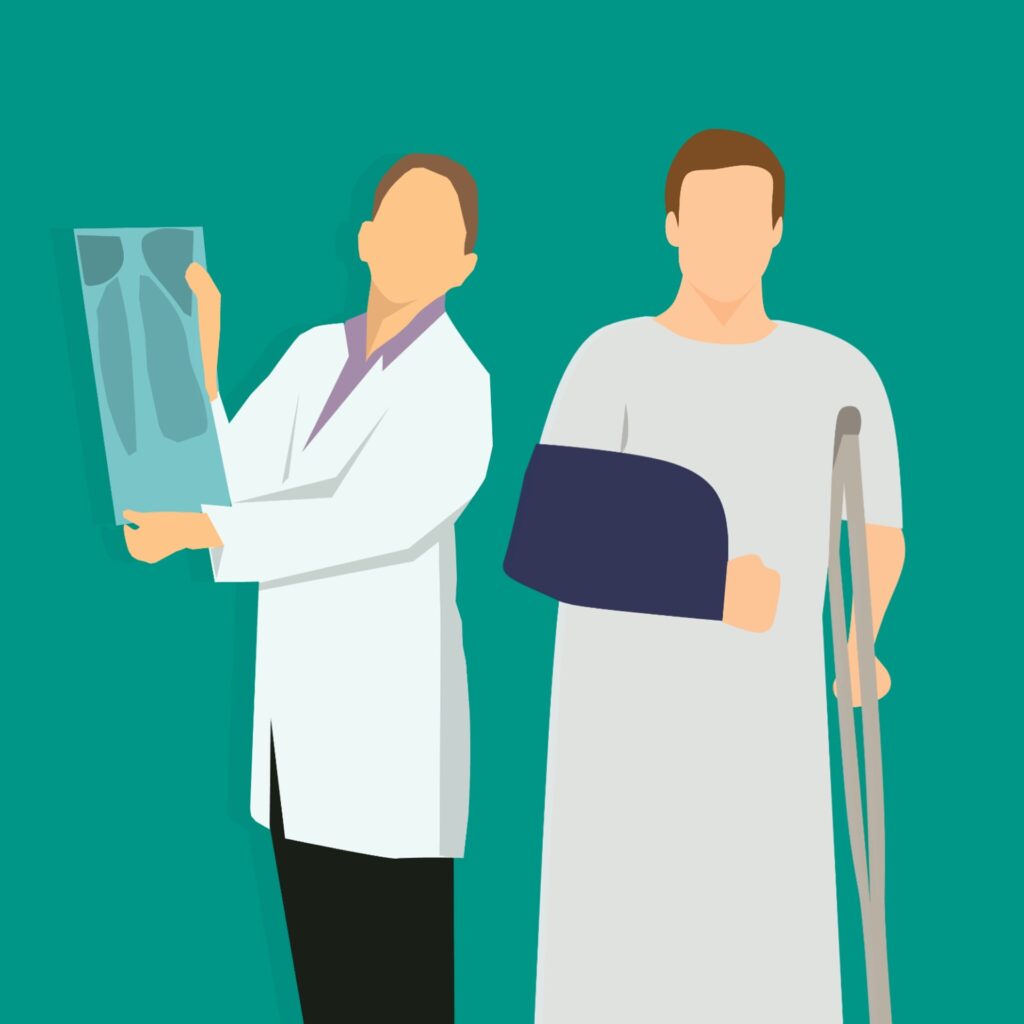 An illustration of a man with a crutch and his arm in a sling next to a doctor in a white coat holding up an x-ray, on a teal background.