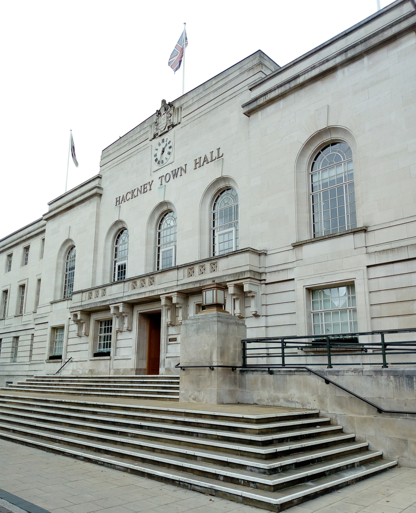 An image of the front view of Hackney town hall