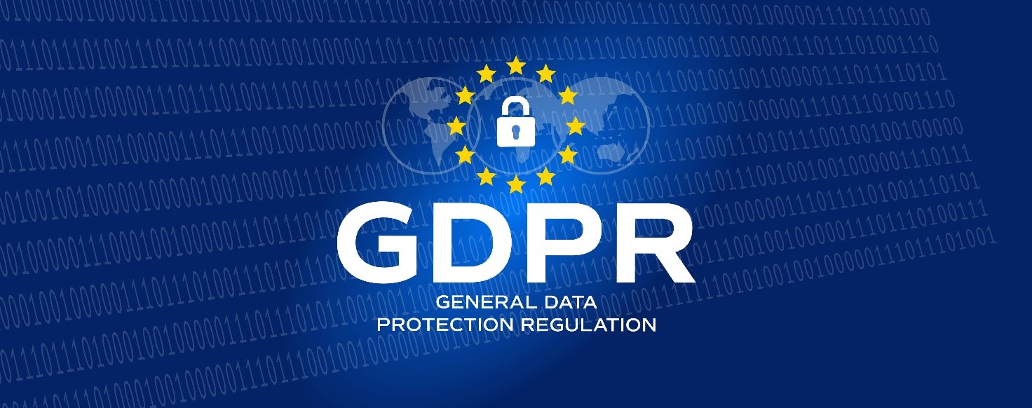 GDPR banner, a blue background with a padlock symbol surrounded by 12 yellow stars above the text GDPR, General Data Protection Regulation 