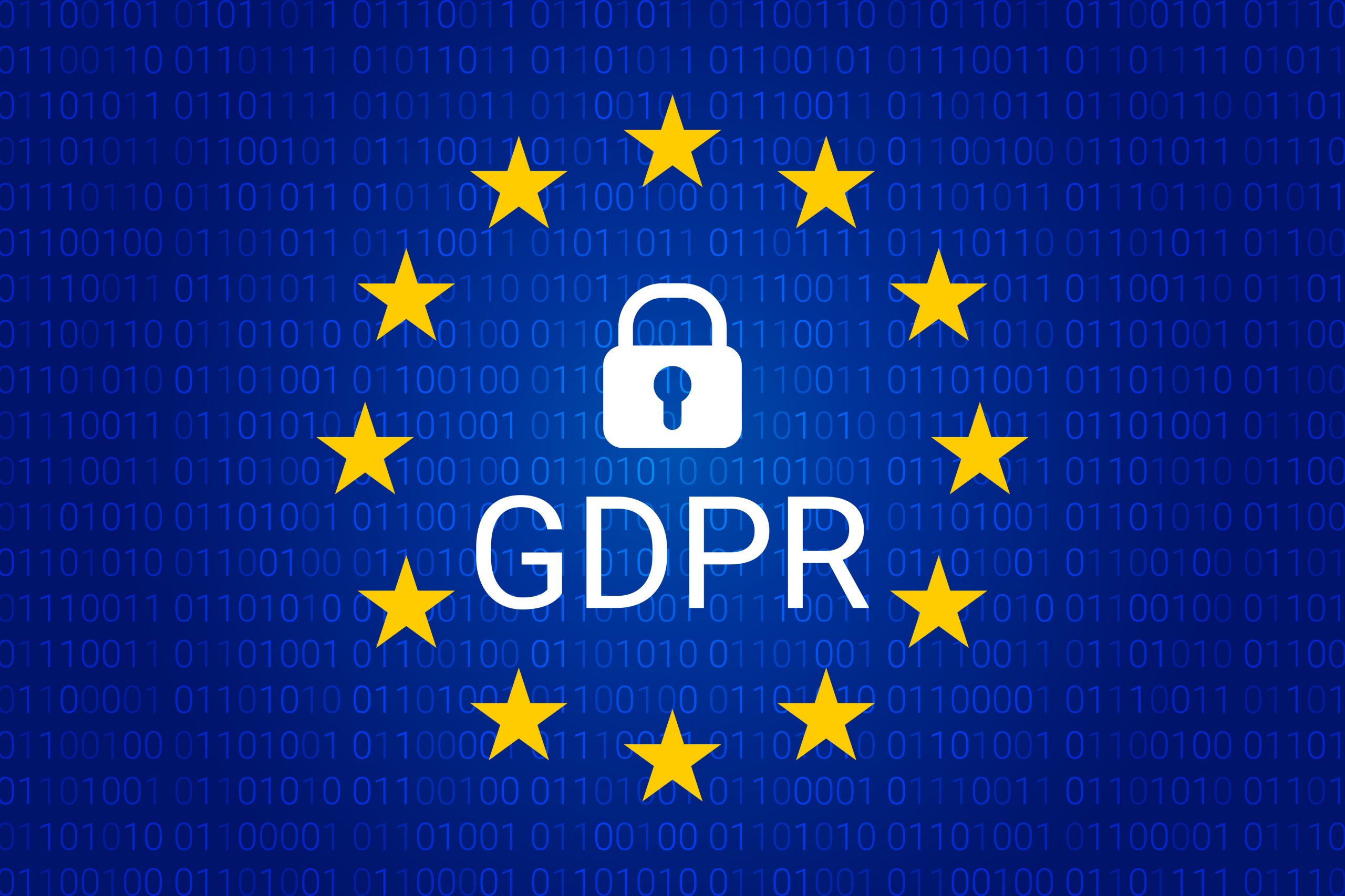 GDPR - General Data Protection Regulation. Security technology background. Vector illustration. GDPR image, a blue background with a white padlock above the text GDPR surrounding by a circle of yellow stars