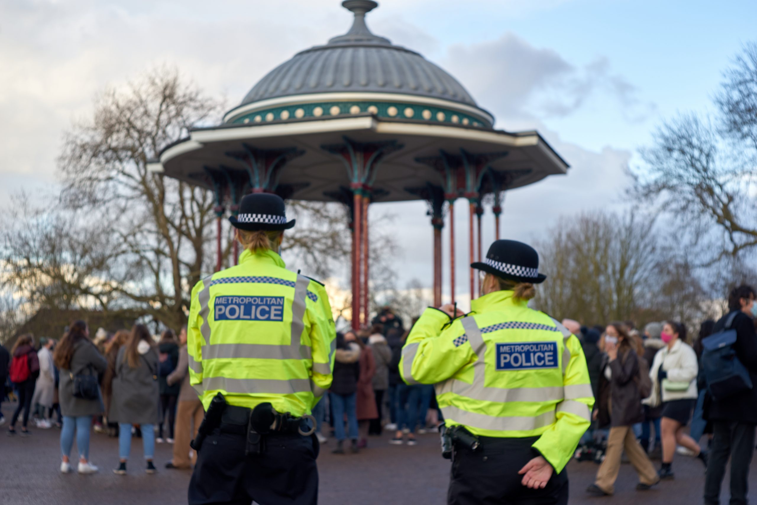 Police monitor a vigil organised for Sarah Everard in Clapham Common.