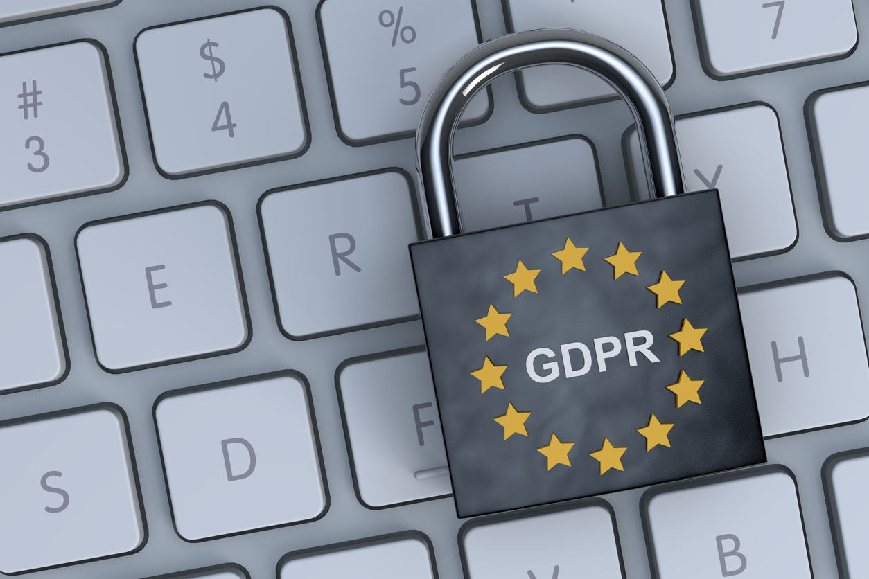 General data protection regulation GDPR logo on padlock with blue color background. Privacy, data, identity, safe, secure.