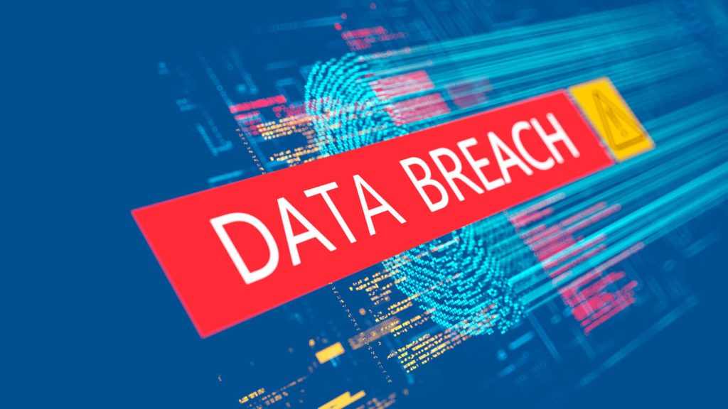 Data breach image. Graphic of a blue digital fingerprint on a blue background with data breach written over the top on a red box