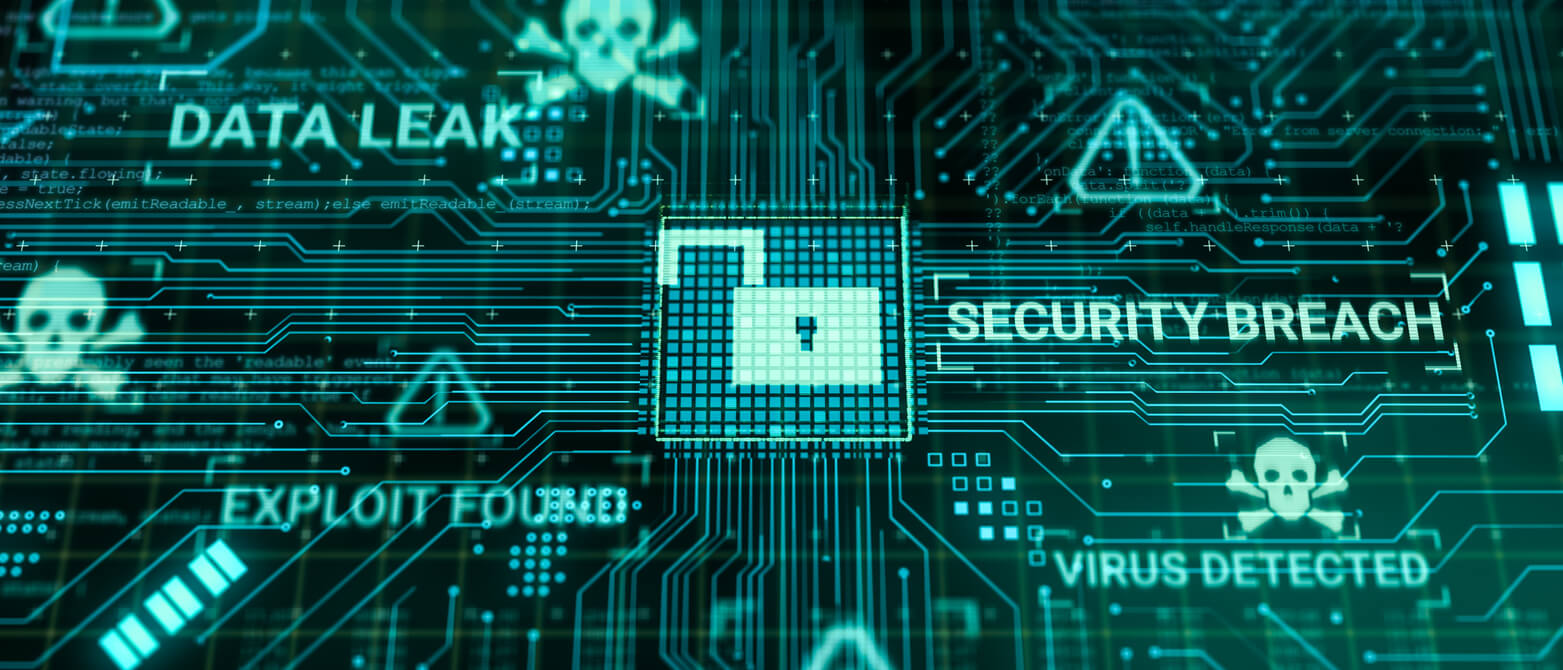 Microchip processing data through computer motherboard circuit with the words 'data breach' and 'security breach' around it