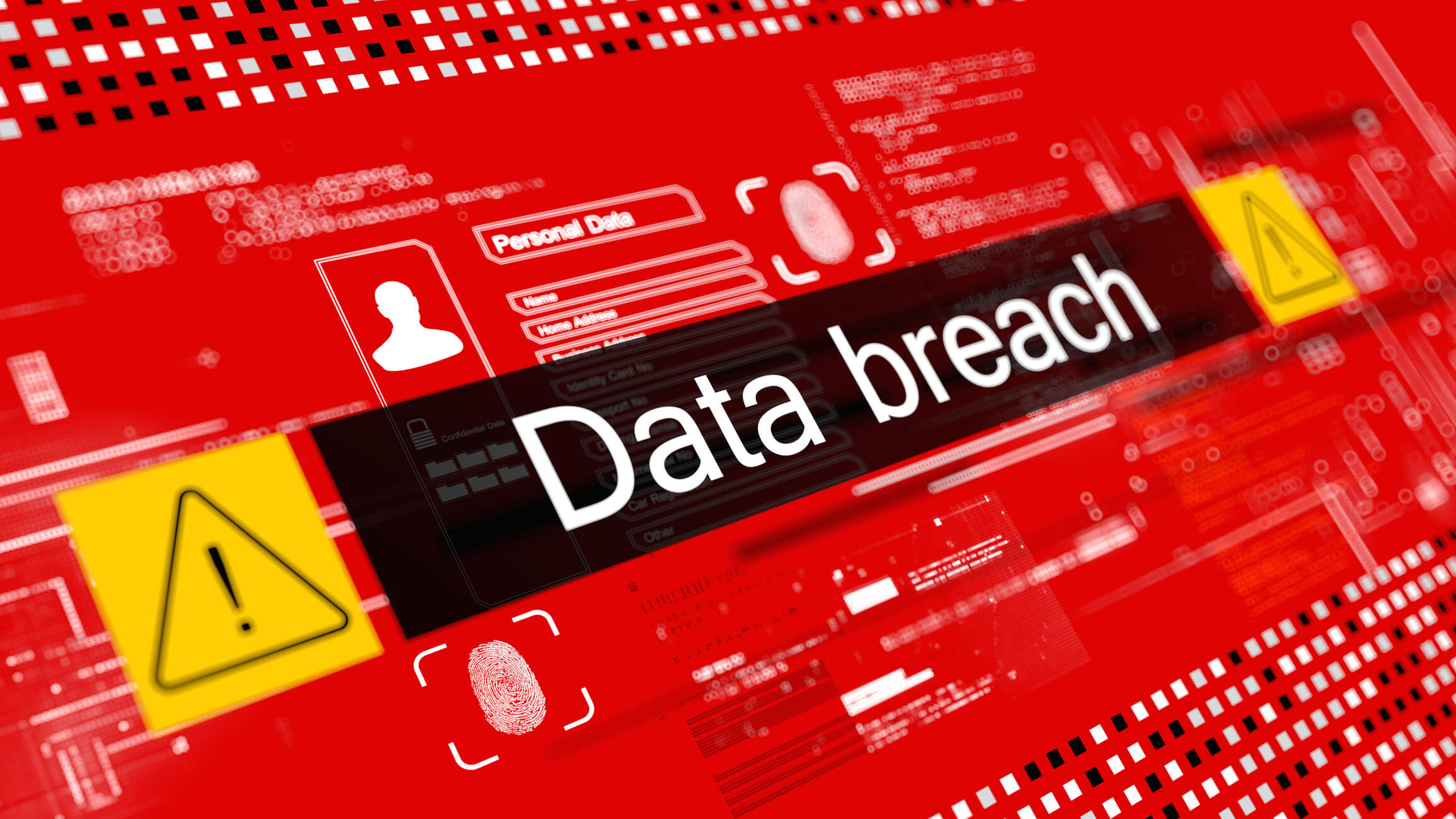 Data breach and malware concept image. Detected program. digital data. red background
